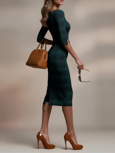 Sue | Classic Plaid Three-Quarter Sleeve Midi Dress