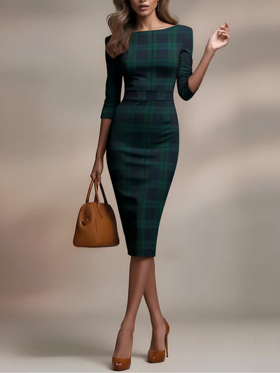 Sue | Classic Plaid Three-Quarter Sleeve Midi Dress