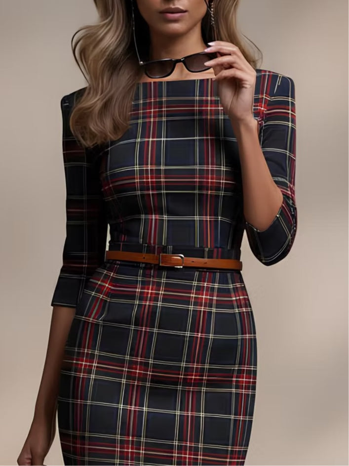 Sue | Classic Plaid Three-Quarter Sleeve Midi Dress