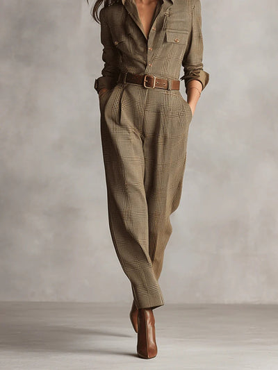 Barbara | Refined tweed texture checked utility jumpsuit