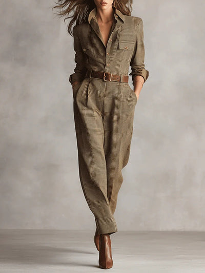 Barbara | Refined tweed texture checked utility jumpsuit