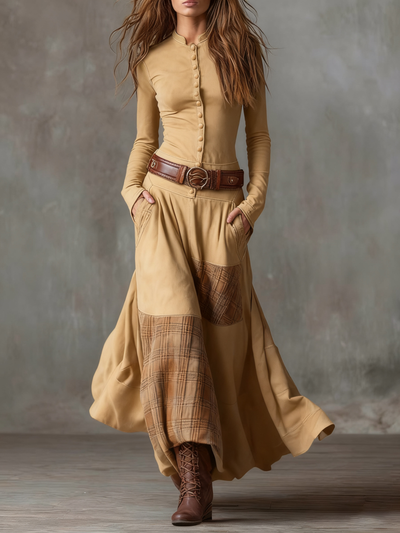 Avery | Plaid Paneled Vintage Suede Maxi Dress(with belt)