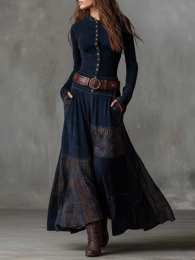Avery | Plaid Paneled Vintage Suede Maxi Dress(with belt)
